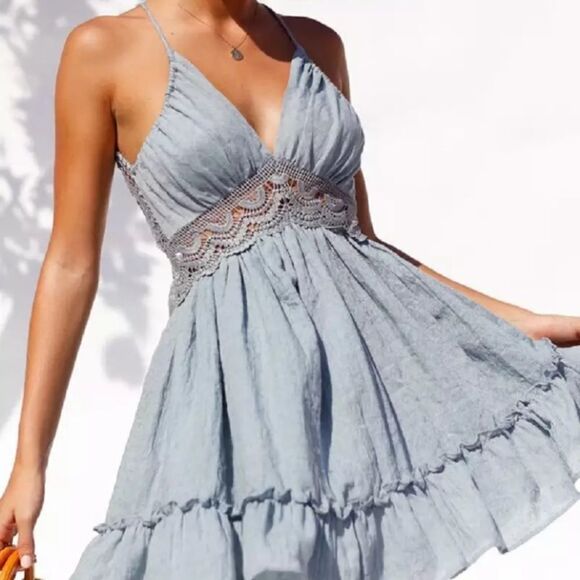 NEW! Blue Crochet Lace Ruffled Halter Mini Dress - Picture 3 of 11